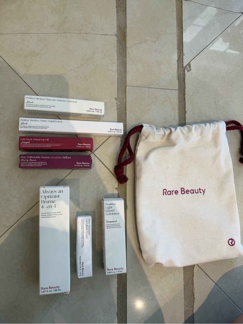 Rare Beauty Gift Set with Canvas Drawstring Bag - Cream & Burgundy